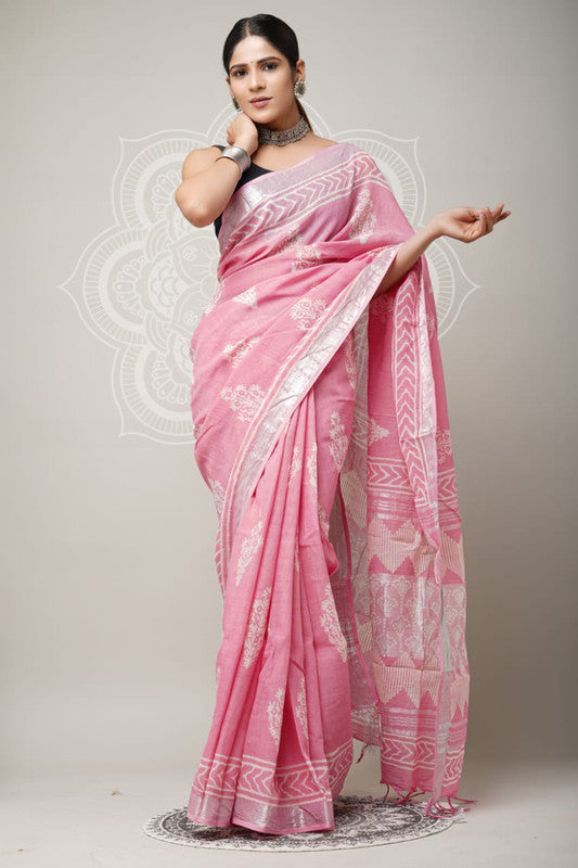 Pink & Multi Coloured Linen Cotton Beautiful Hand Block printed Women Daily/Party wear Saree with Blouse!!