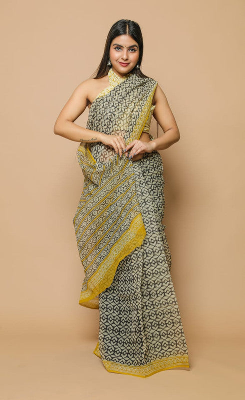 Green Coloured Kota Doria Hand Block Printed Cotton Saree with Blouse!!