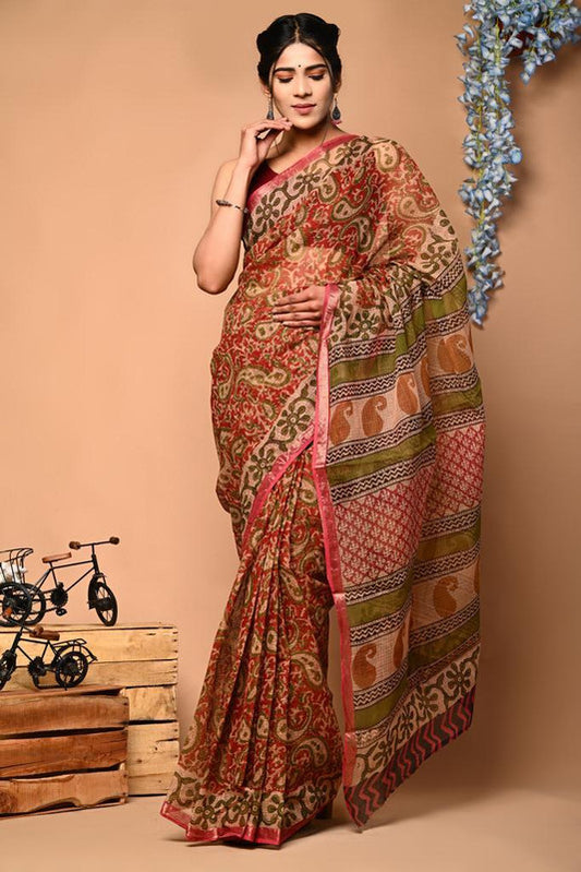 Red & Multi Coloured Beautiful Hand Block printed Women Daily/Party wear Kota Doriya Cotton Saree with Blouse!!