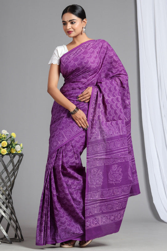 Purple & White Coloured Pure Cotton Beautiful Hand Block printed Women Daily/Party wear Saree with Blouse!!