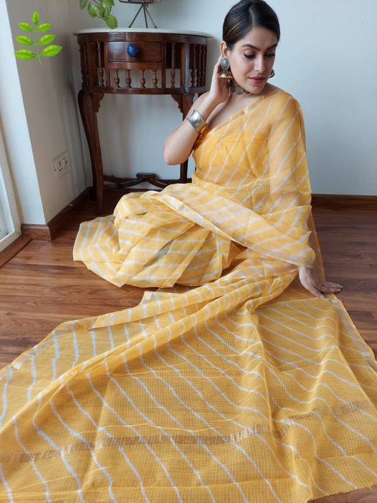 Yellow & White Coloured Kota Doriya Cotton Beautiful Hand Block printed Women Daily/Party wear Saree with Blouse!!