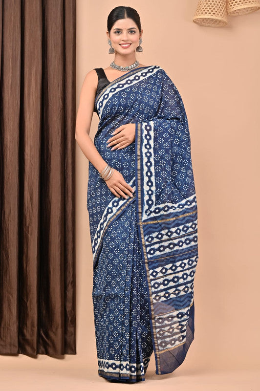 Blue & Off White Coloured Hand Block Printed Women Designer Party wear Chanderi Cotton Silk Saree with Runnin Blouse!!