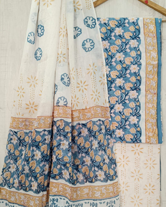 Light Blue & Multi Coloured Unstitched Pure Cotton Hand Block Printed Women Party/Daily wear Dress Material Suit- Top with Bottom & Cotton Dupatta!!