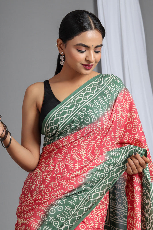 Pink & Light Green Coloured Pure Cotton Beautiful Hand Block printed Women Daily/Party wear Saree with Blouse!!