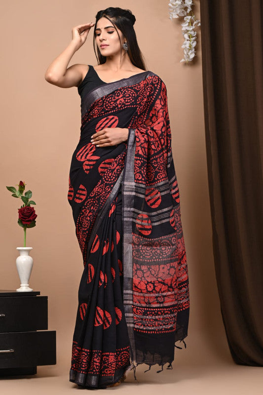 Latest Attractive Beautiful Designer Hand Block Print Linen Saree