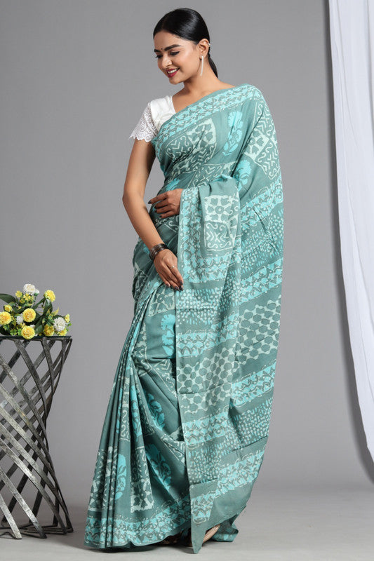 Light Green & Sky Blue Coloured Pure Cotton Beautiful Hand Block printed Women Daily/Party wear Saree with Blouse!!