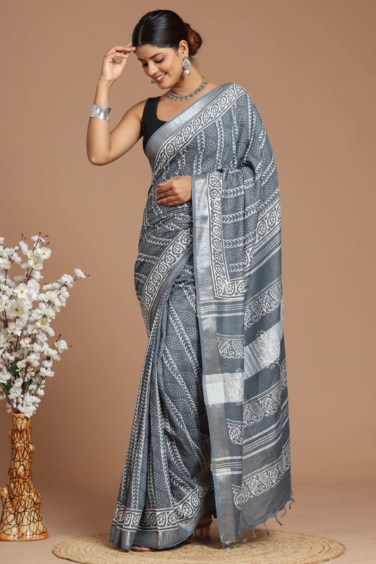 Grey & Multi Coloured Linen Cotton Beautiful Hand Block printed Women Daily/Party wear Saree with Blouse!!