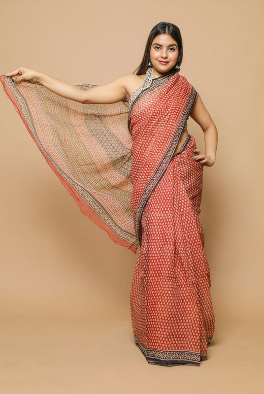 Red Coloured Kota Doria Hand Block Printed Cotton Saree with Blouse!!