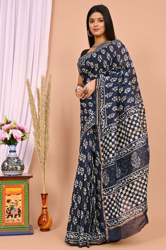 Blue & Off White Coloured Hand Block Printed Women Designer Party wear Chanderi Cotton Silk Saree with Runnin Blouse!!