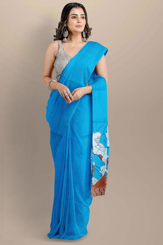 Sky Blue & Multi Coloured Premium Mul Mul Cotton Beautiful Hand Block printed Women Daily/Party wear Saree with Blouse!!