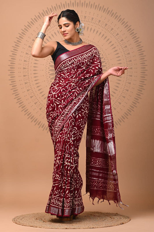 Maroon & Multi Coloured Linen Cotton Beautiful Hand Block printed Women Daily/Party wear Saree with Blouse!!