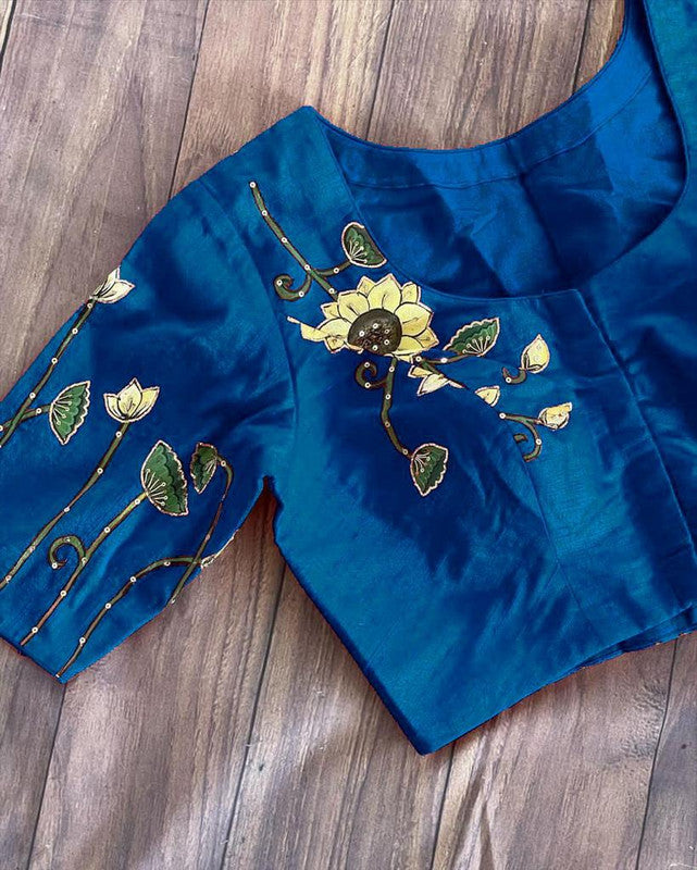 Blue Ready made Blouse - Pure Silk with Hand print& Antique Handcrafted work !!