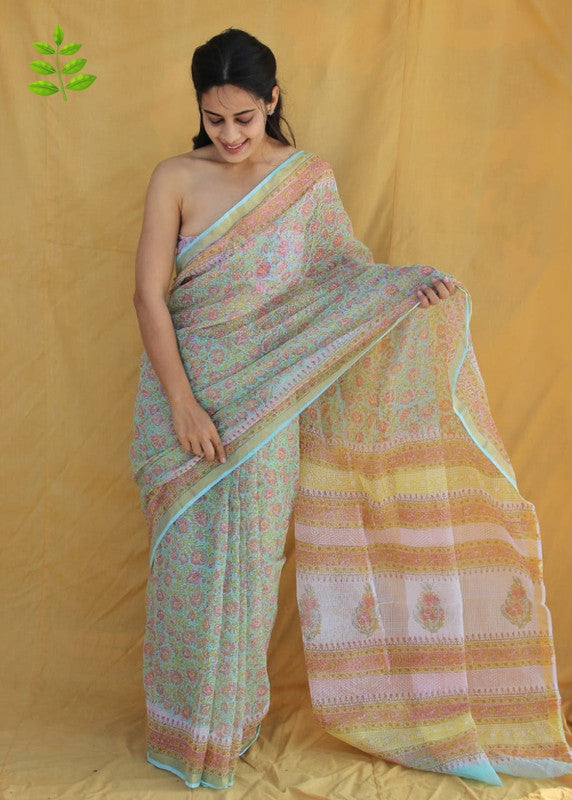 Light Green & Multi Coloured Kota Doriya Cotton Beautiful Hand Block printed Women Daily/Party wear Saree with Blouse!!