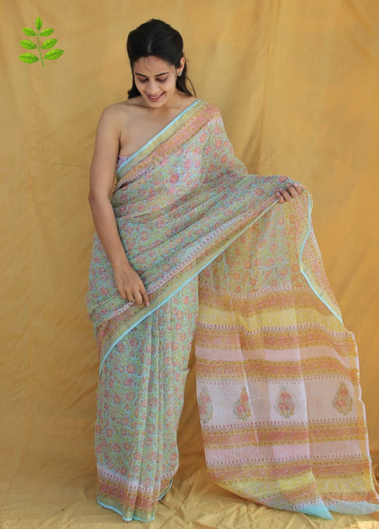 Light Green & Multi Coloured Kota Doriya Cotton Beautiful Hand Block printed Women Daily/Party wear Saree with Blouse!!