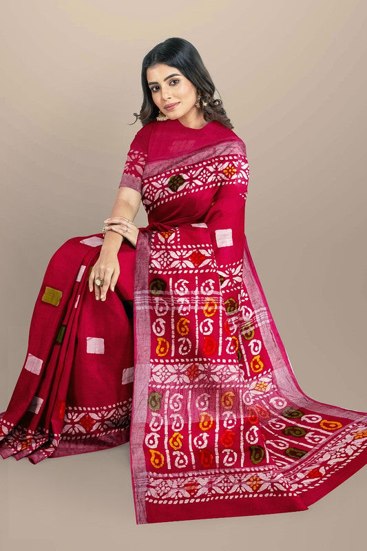 Maroon & Multi Coloured Linen Cotton Beautiful Hand Block printed Women Daily/Party wear Saree with Blouse!!