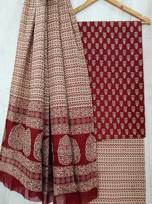 Maroon & Beige Coloured Unstitched Pure Cotton Hand Block Printed Women Party/Daily wear Dress Material Suit- Top with Bottom & Cotton Dupatta!!