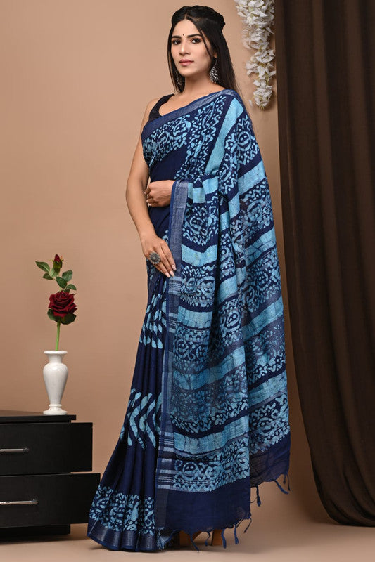 Latest Attractive Beautiful Designer Hand Block Print Linen Saree