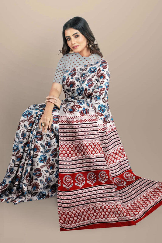 Off White & Multi Coloured Premium Mul Mul Cotton Beautiful Hand Block printed Women Daily/Party wear Saree with Blouse!!