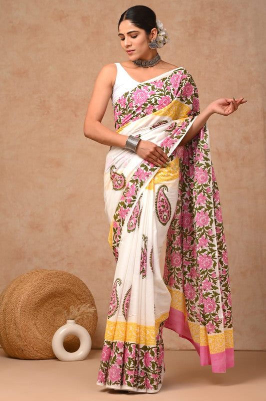 White & Multi Coloured Hand Block Bagru, Dabu & Batik Dye Print Women Designer Party wear Pure Cotton Saree with Runnin Blouse!!