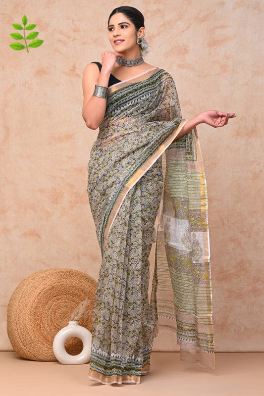 Green & Multi Coloured Kota Doriya Cotton Beautiful Hand Block printed Women Daily/Party wear Saree with Blouse!!