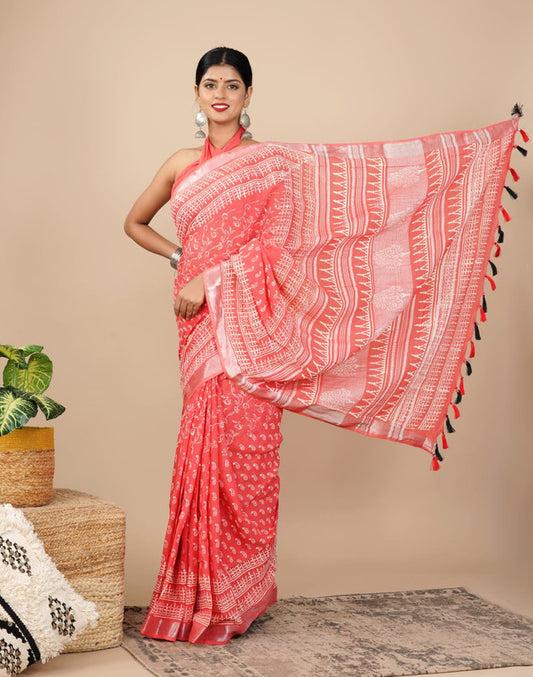 LINEN COTTON HAND PRINTED  SAREE WITH TAUSSAL