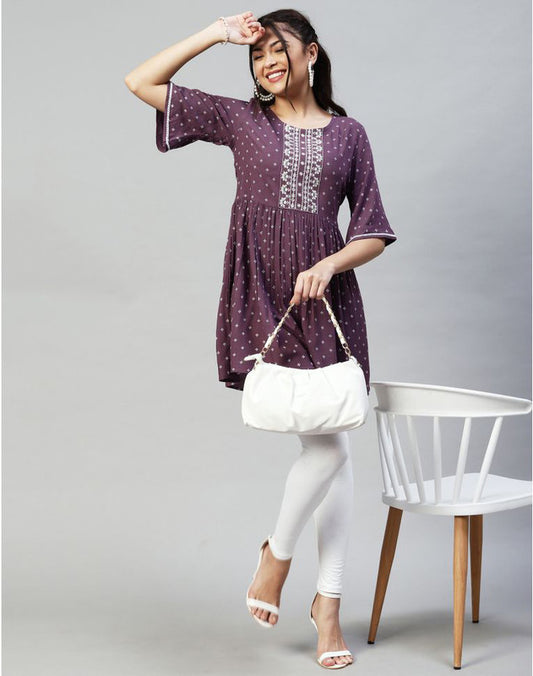 Lavender Coloured Premium Rayon Embroidery, Printed 3/4 Sleeves Round Neck Women Party wear Western Top!!