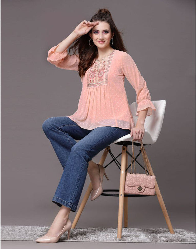 Peach Coloured Premium Rotto Butti Crepe Embroidery Bell Sleeves Round Neck Women Party wear Western Top!!