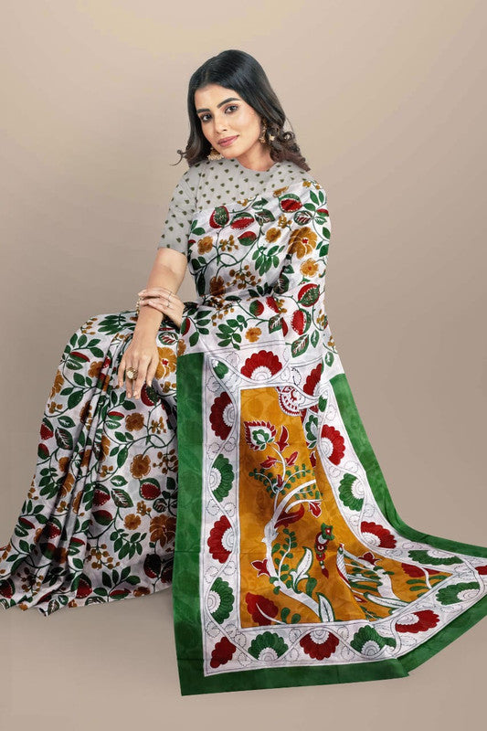 Light Grey & Multi Coloured Premium Mul Mul Cotton Beautiful Hand Block printed Women Daily/Party wear Saree with Blouse!!