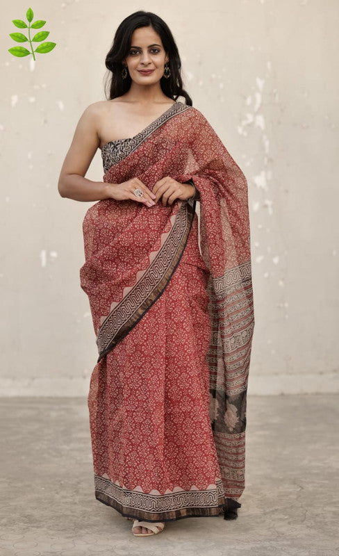 Maroon & Multi Coloured Kota Doriya Cotton Beautiful Hand Block printed Women Daily/Party wear Saree with Blouse!!