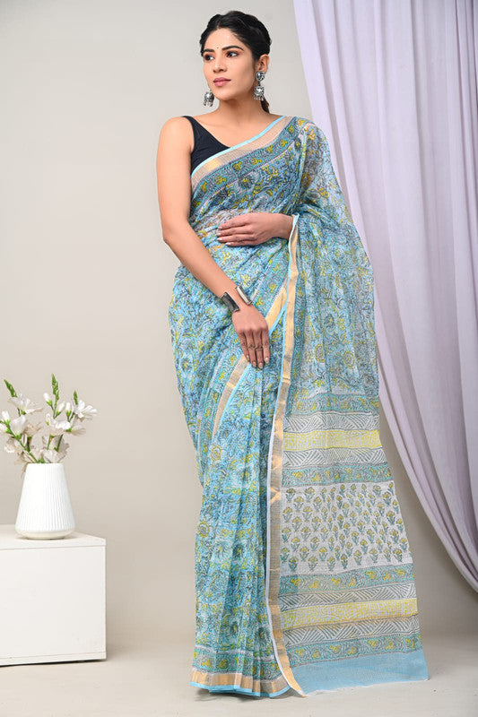 Sky Blue & Multi Coloured Kota Doriya Cotton Beautiful Hand Block printed Women Daily/Party wear Saree with Blouse!!