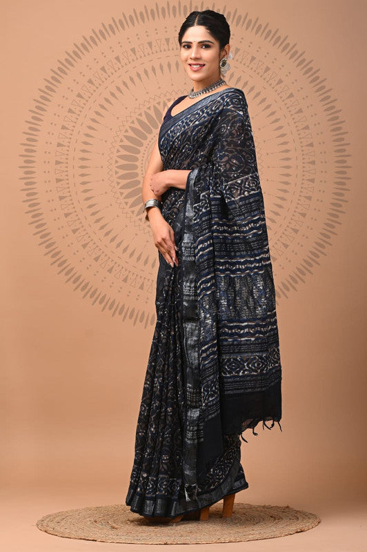 Navy Blue & Multi Coloured Linen Cotton Beautiful Hand Block printed Women Daily/Party wear Saree with Blouse!!