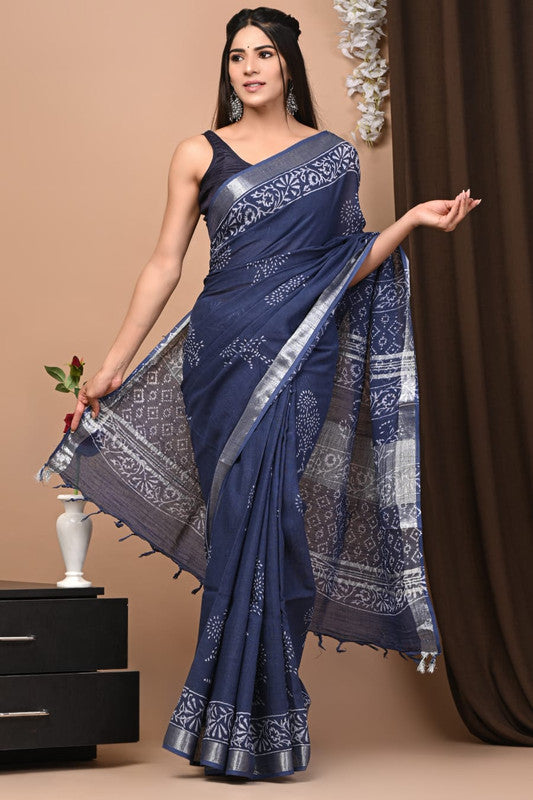 Latest Attractive Beautiful Designer Hand Block Print Linen Saree