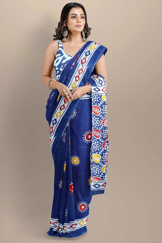 Blue & Multi Coloured Premium Mul Mul Cotton Beautiful Hand Block printed Women Daily/Party wear Saree with Blouse!!