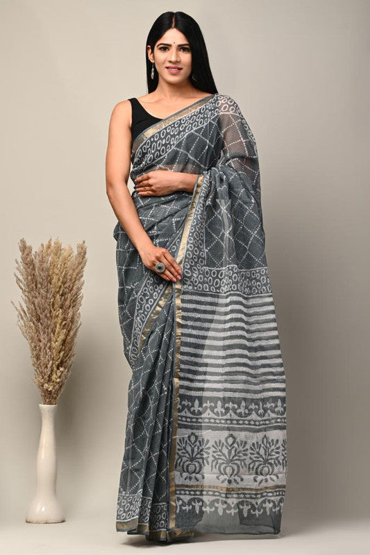 Dark Grey & Multi Coloured Kota Doriya Cotton Beautiful Hand Block printed Women Daily/Party wear Saree with Blouse!!