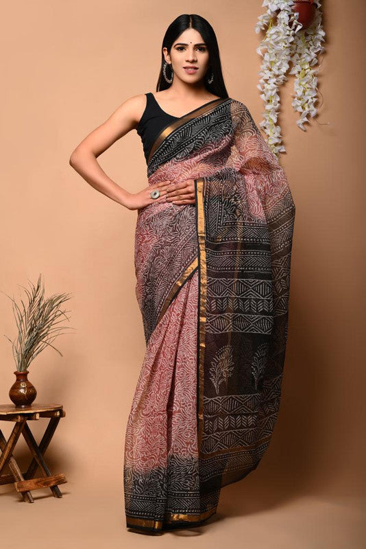 Pink & Black Coloured Beautiful Hand Block printed Women Daily/Party wear Kota Doriya Cotton Saree with Blouse!!