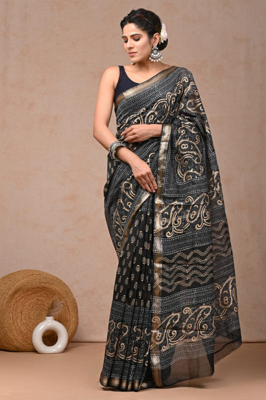 Black & Multi Coloured Hand Block Printed Women Designer Party wear Maheshwari Cotton Silk Saree with Runnin Blouse!!