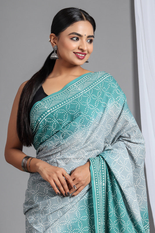 Grey & Light Green Coloured Pure Cotton Beautiful Hand Block printed Women Daily/Party wear Saree with Blouse!!