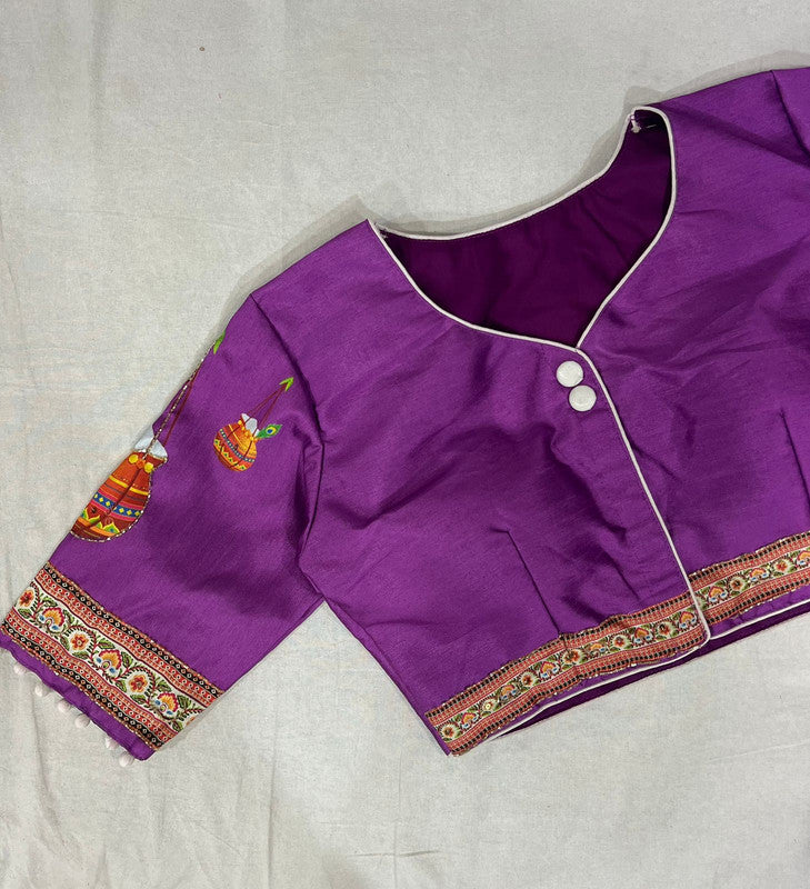 Purple Coloured Pure Silk with Handmade work  Woman Ready made Designer Botique Style Blouse- Free Size Up to 42 Inch!!