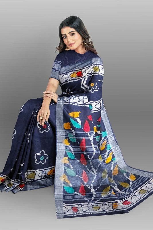 Blue & Multi Coloured Linen Cotton Beautiful Hand Block printed Women Daily/Party wear Saree with Blouse!!