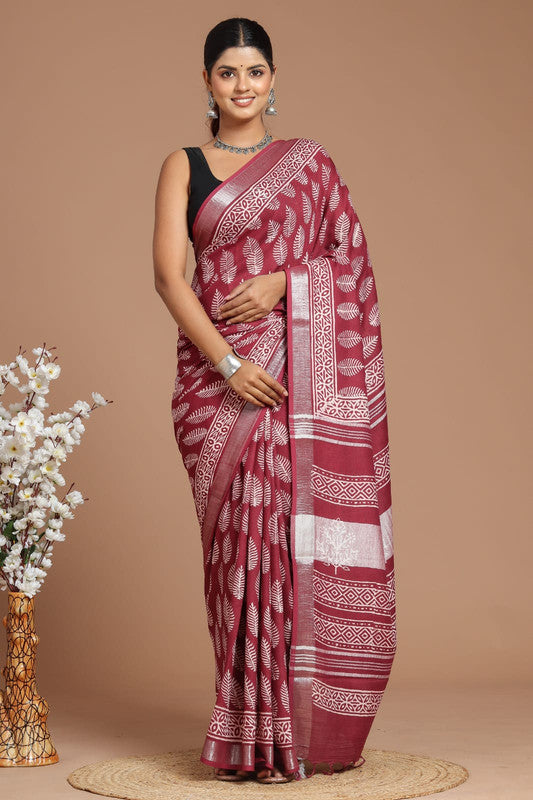 Maroon & Multi Coloured Linen Cotton Beautiful Hand Block printed Women Daily/Party wear Saree with Blouse!!