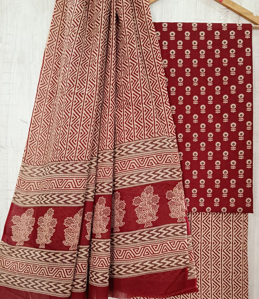 Maroon & Red Coloured Unstitched Pure Cotton Hand Block Printed Women Party/Daily wear Dress Material Suit- Top with Bottom & Cotton Dupatta!!