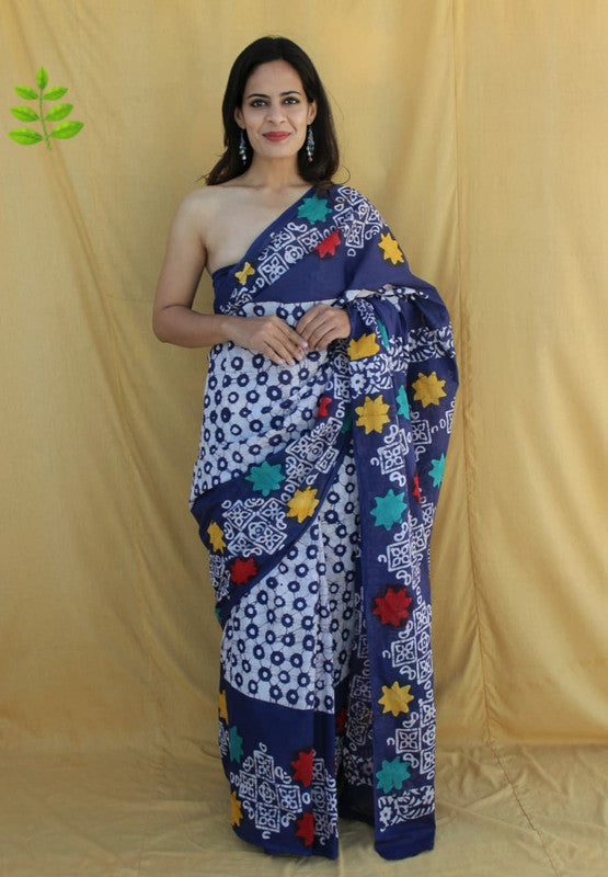 Blue & Multi Coloured Beautiful Hand Block printed Women Daily/Party wear Pure Cotton Saree with Blouse!!