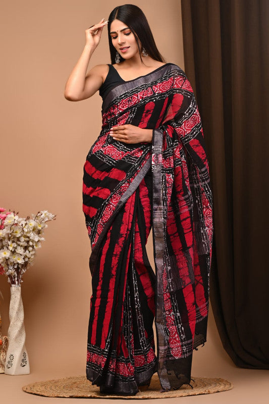 Black & Red Coloured Exclusive Hand Block printed Women Daily/Party wear Linen Cotton Saree with Blouse!!