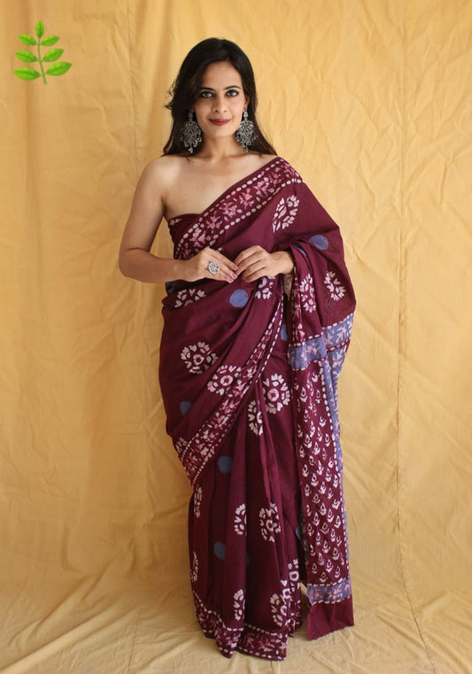 Maroon & Multi Coloured Pure Cotton Beautiful Hand Block printed Women Daily/Party wear Saree with Blouse!