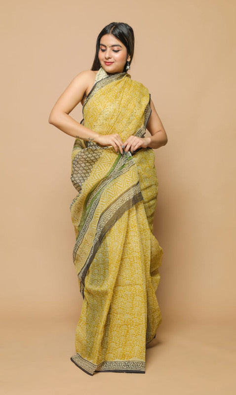 Yellow Coloured Kota Doria Hand Block Printed Cotton Saree with Blouse!!