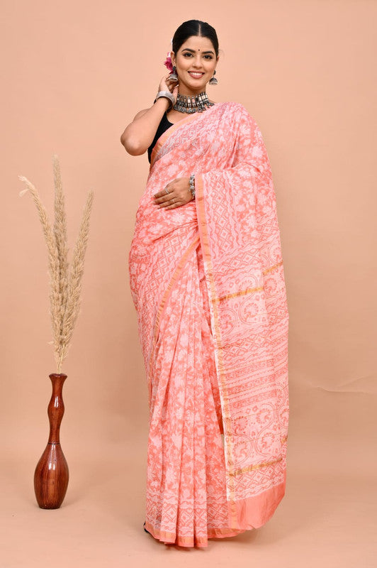 Pink & Off White Coloured Hand Block Printed Women Designer Party wear Chanderi Cotton Silk Saree with Runnin Blouse!!