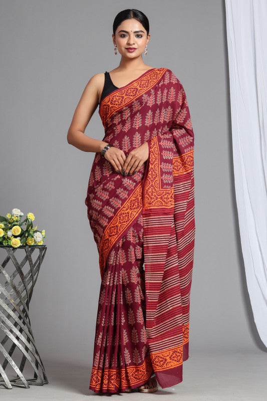 Maroon & Multi Coloured Pure Cotton Beautiful Hand Block printed Women Daily/Party wear Saree with Blouse!