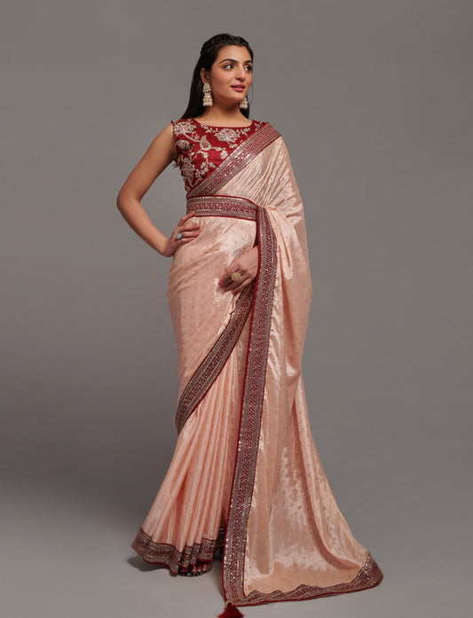 Peach Coloured Primium Chinon Foil Print & Heavy Embroidery Sequence Lace Work Women Designer Party wear Fancy Saree with Blouse!!