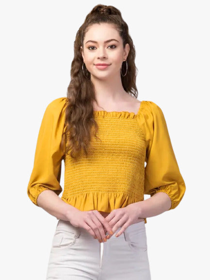 Mustard Yellow Coloured Designer Trendy Crepe Short Top!!