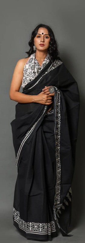 Black Hand Printed Mul Cotton Sarees with Blouse!!